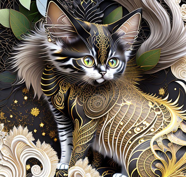 Majestic cat with gold and black fur, surrounded by golden leaves and stars