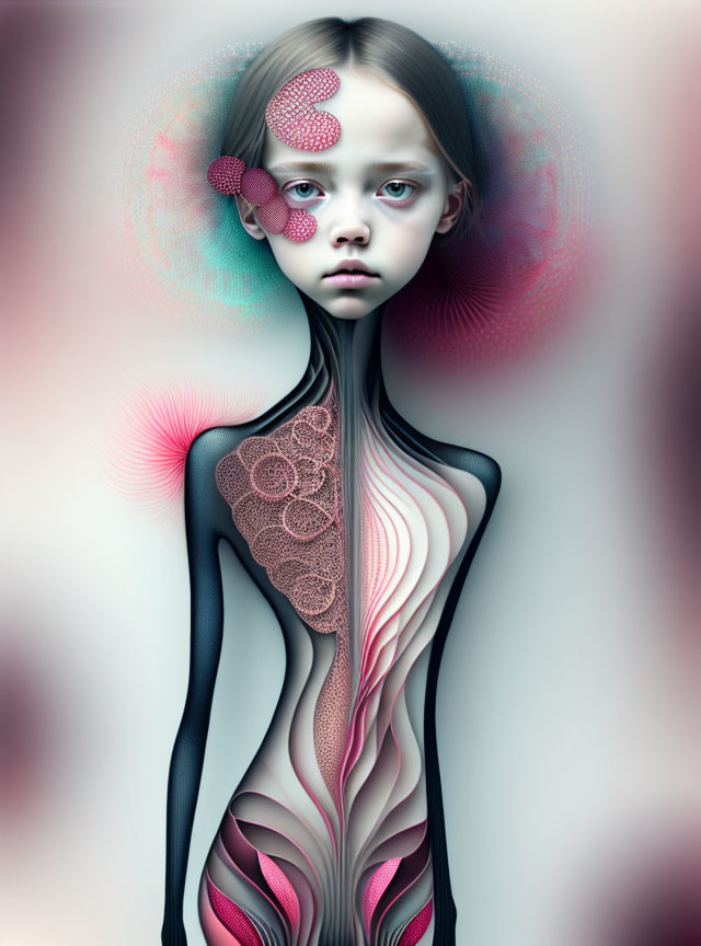 Surreal Artwork Featuring Girl with Oversized Eyes and Fractal Patterns