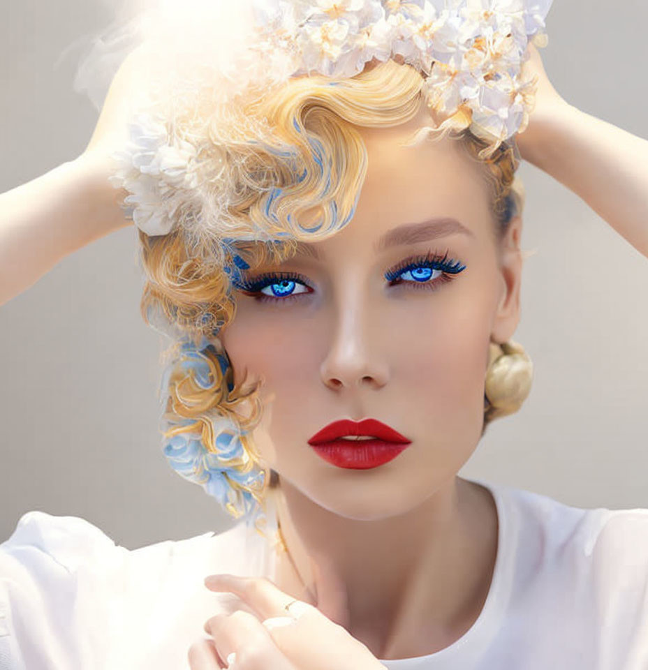 Woman's portrait with blue eyelashes, red lipstick, floral hair accessories, and blonde curly updo