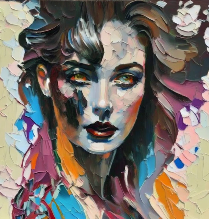 Vibrant abstract portrait with expressive blue eyes and impasto brushstrokes