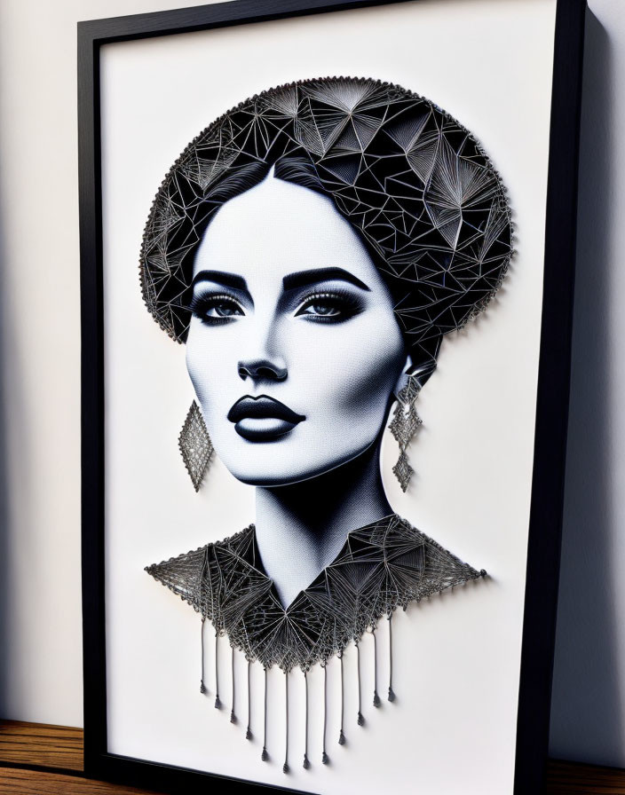 Geometric portrait of a woman with headpiece and earrings on wooden surface