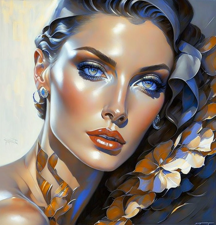 Portrait of Woman with Striking Blue Eyes and Floral Accents