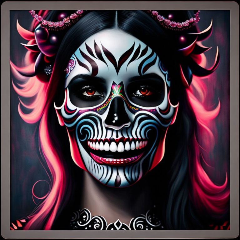 Woman with Dia de los Muertos skull makeup and jeweled forehead, pink and black wavy hair