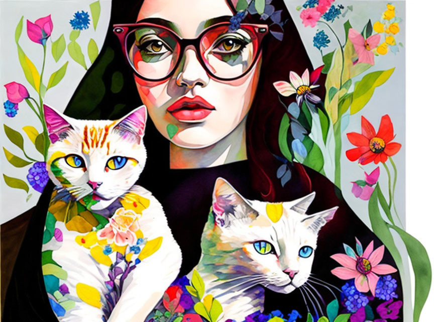 Colorful Artwork: Stylized Woman with Glasses, Floral Cats