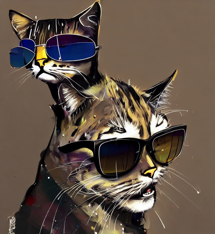 Stylized cats in sunglasses on tan background