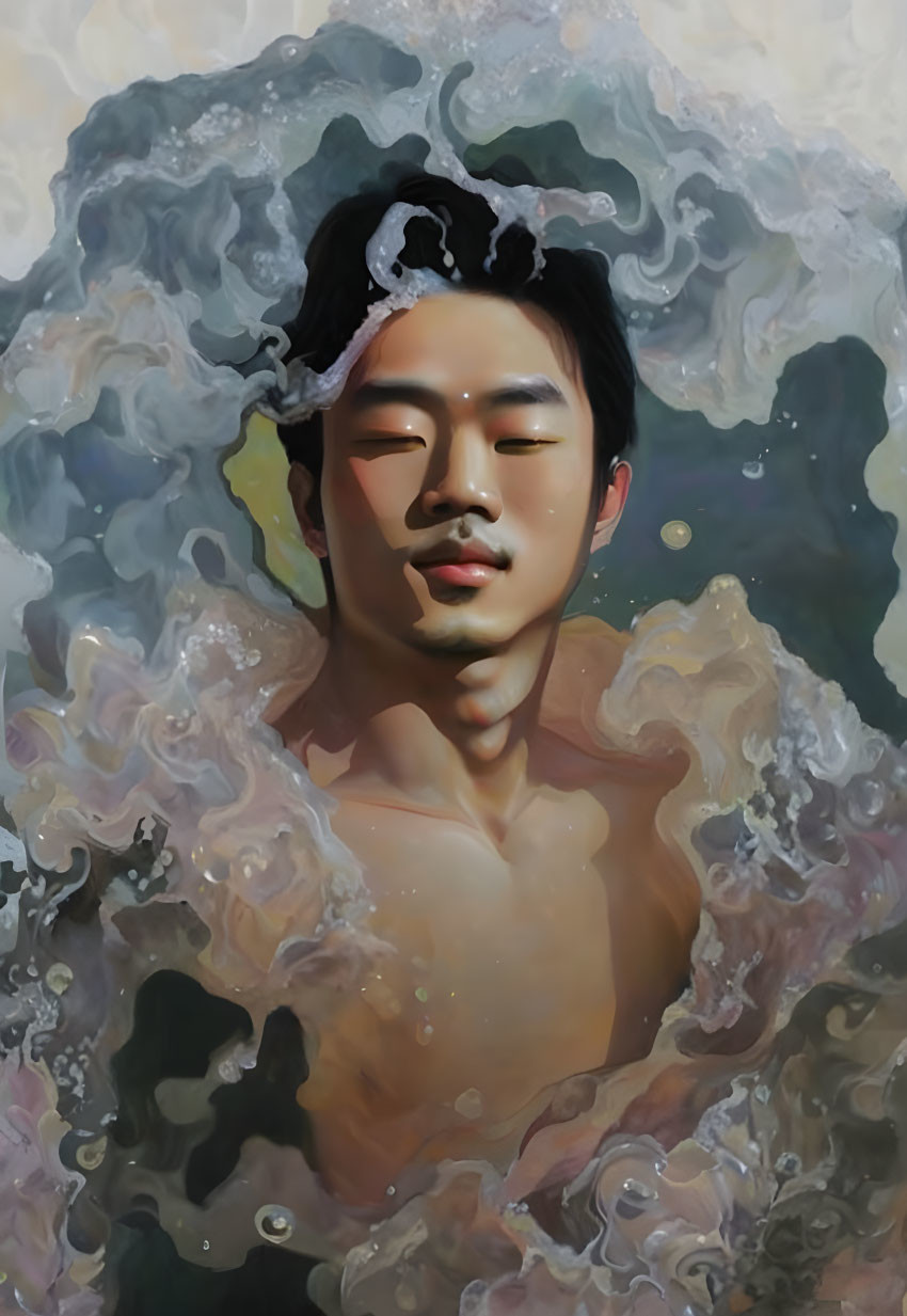 Person with closed eyes submerged in water with swirling foam