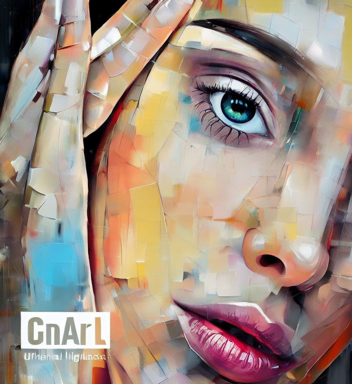 Abstract painting: Woman's face with fragmented pixelated effect, blue eye, pink lips