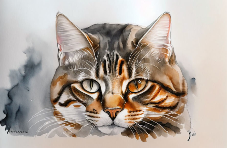 Tabby Cat Watercolor Painting with Amber Eyes & Intricate Stripes