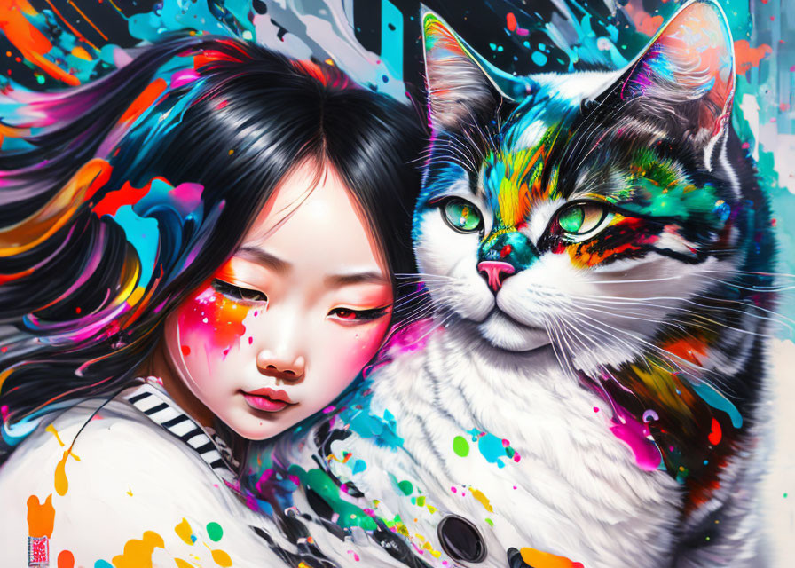 Colorful artwork of girl with flowing hair and patchwork cat in vibrant setting