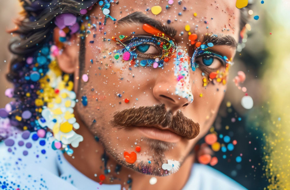 Man with Mustache Covered in Colorful Confetti in Intense Gaze