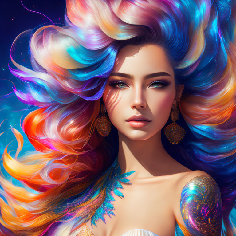 Vibrant digital artwork: Woman with rainbow hair and bold makeup on dark blue backdrop