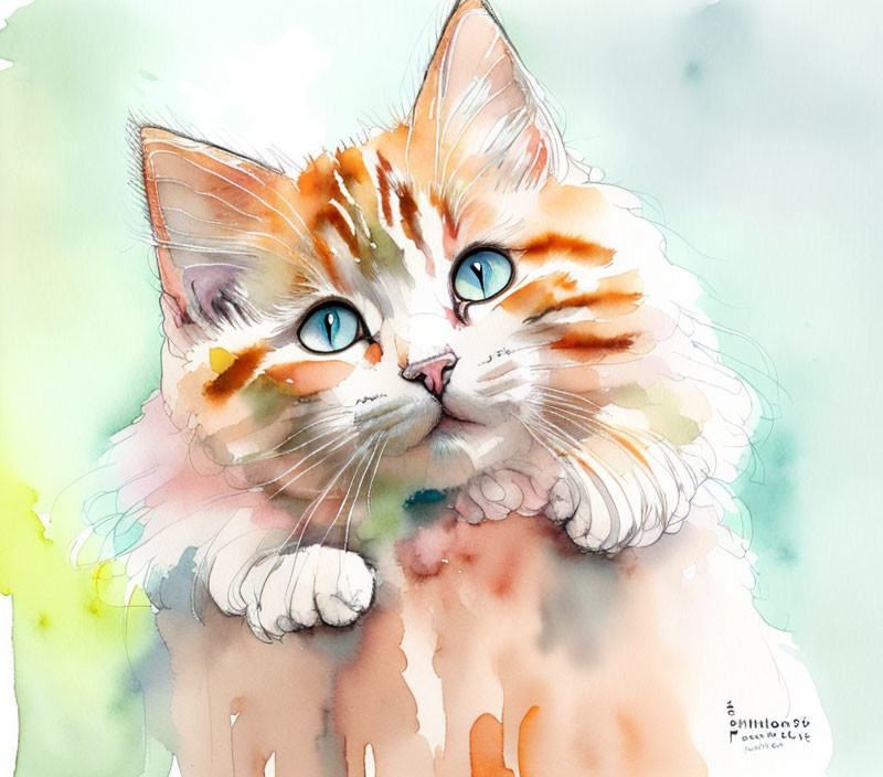 Orange and White Cat Watercolor Painting with Blue Eyes