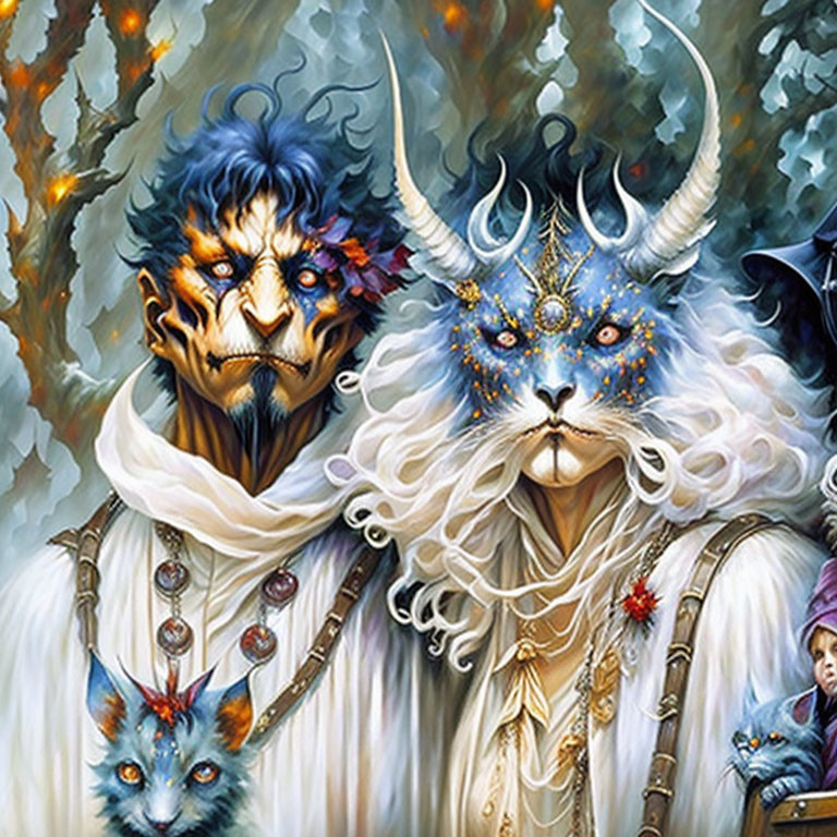 Mythical beings with animal heads in ornate attire, amidst mist and smaller creatures