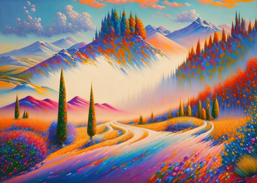 Colorful Landscape Painting with Winding Paths and Snow-Capped Mountains