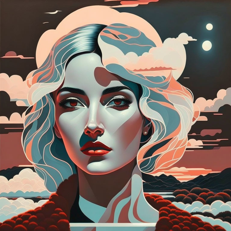 Woman's face illustration blending hair with clouds over hills and crescent moon