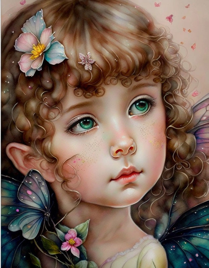 Young girl with curly hair and butterfly wings in whimsical illustration