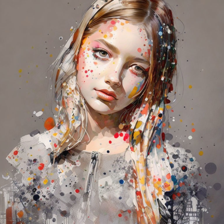 Digital artwork: Young girl with vibrant paint splashes, translucent veil, sketchy elements on muted gray