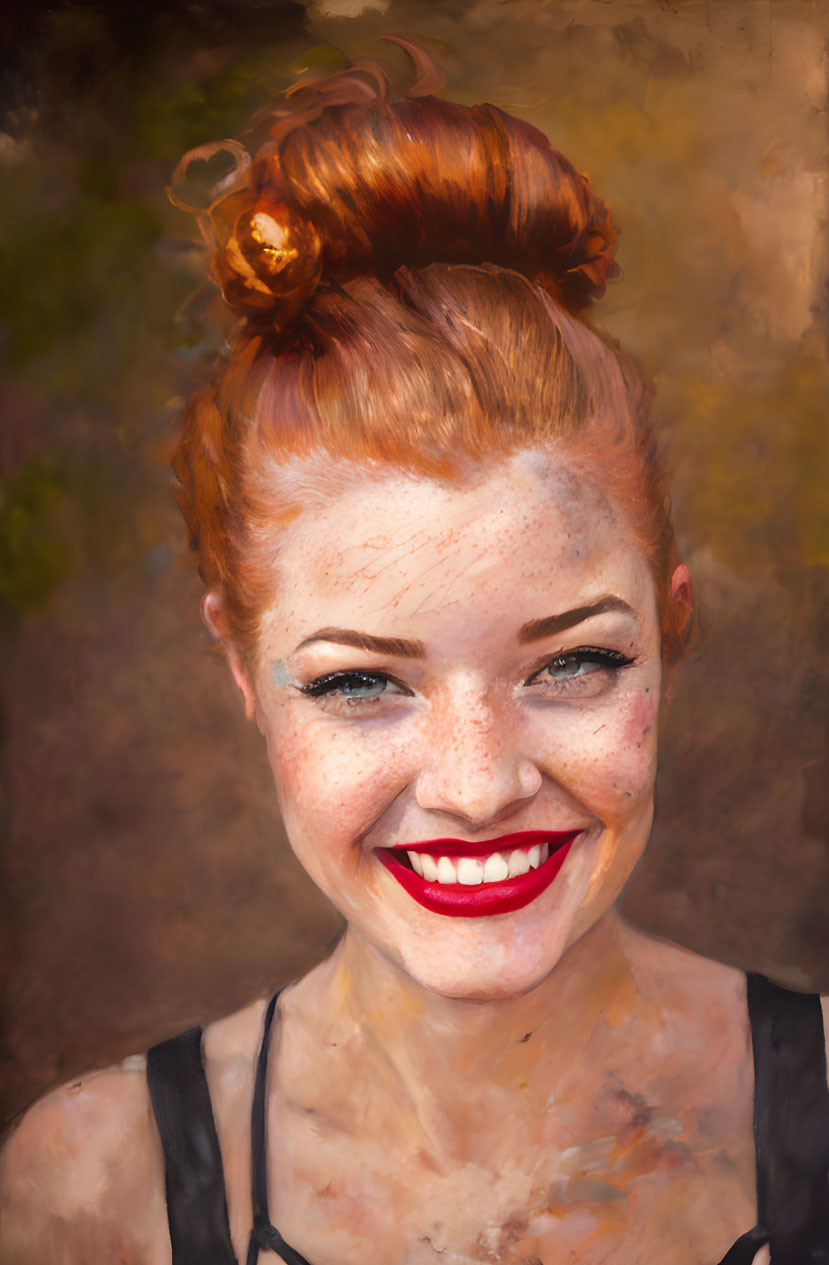 Red-haired woman with freckles and red lipstick smiling, against blurred brown backdrop