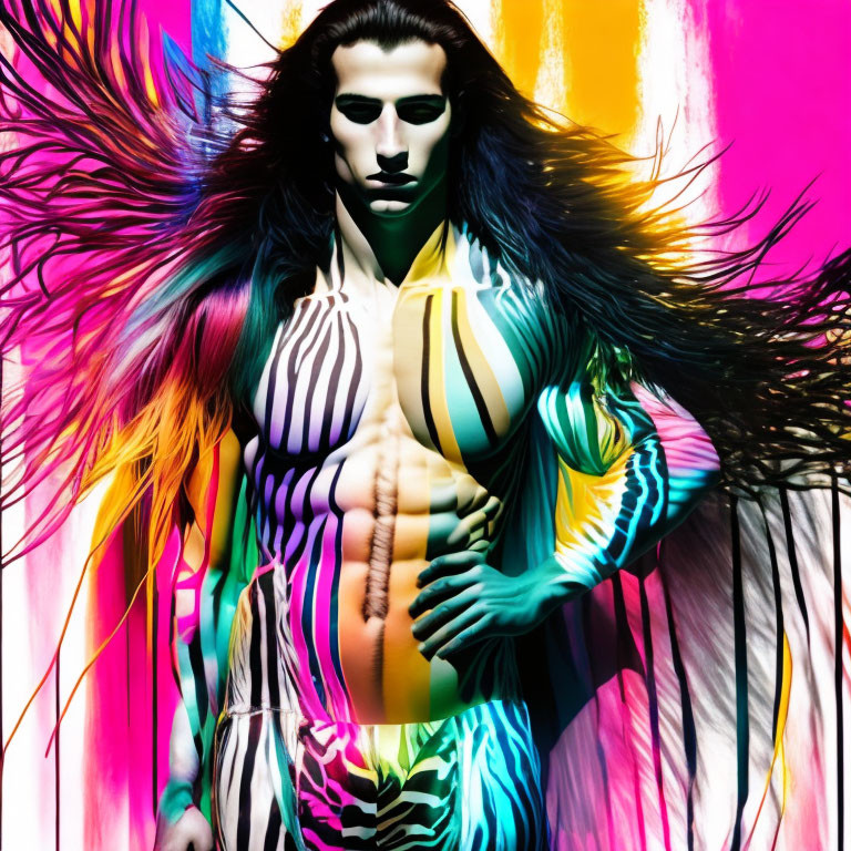 Person with Long Hair in Zebra-like Body Paint on Colorful Background