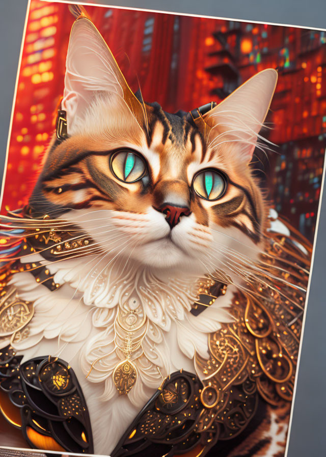 Detailed digital artwork: Cat in ornate golden armor, blue eyes, intricate designs, red background