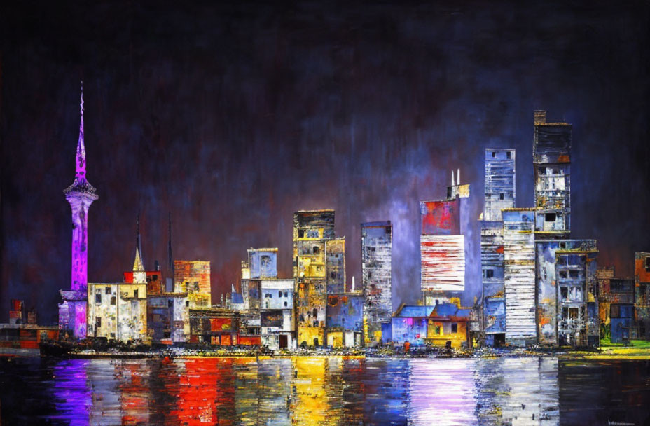 Cityscape night painting with reflective water & illuminated purple tower