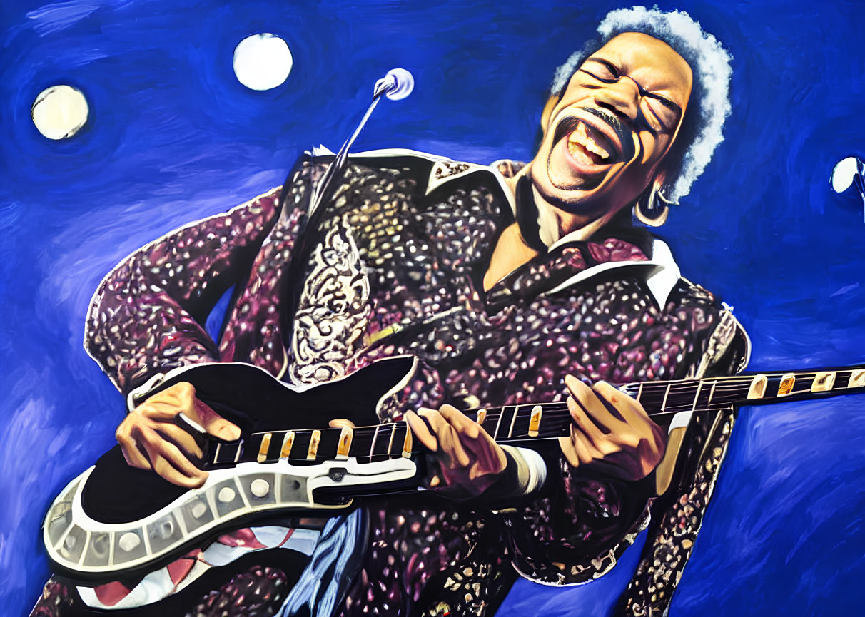 Colorful Painting of Joyful Guitarist on Stage