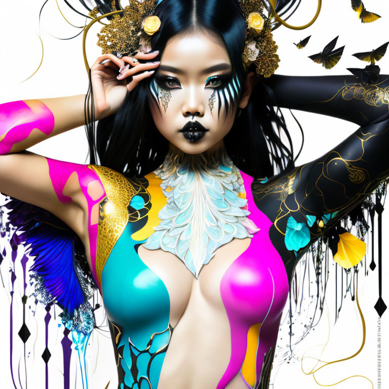 Vibrant digital artwork: Woman in body paint with gold accents & nature motifs