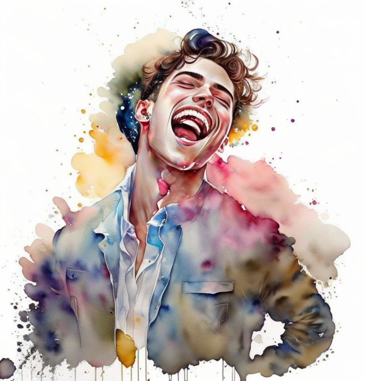 Colorful watercolor illustration of a joyful man laughing in vibrant splashes