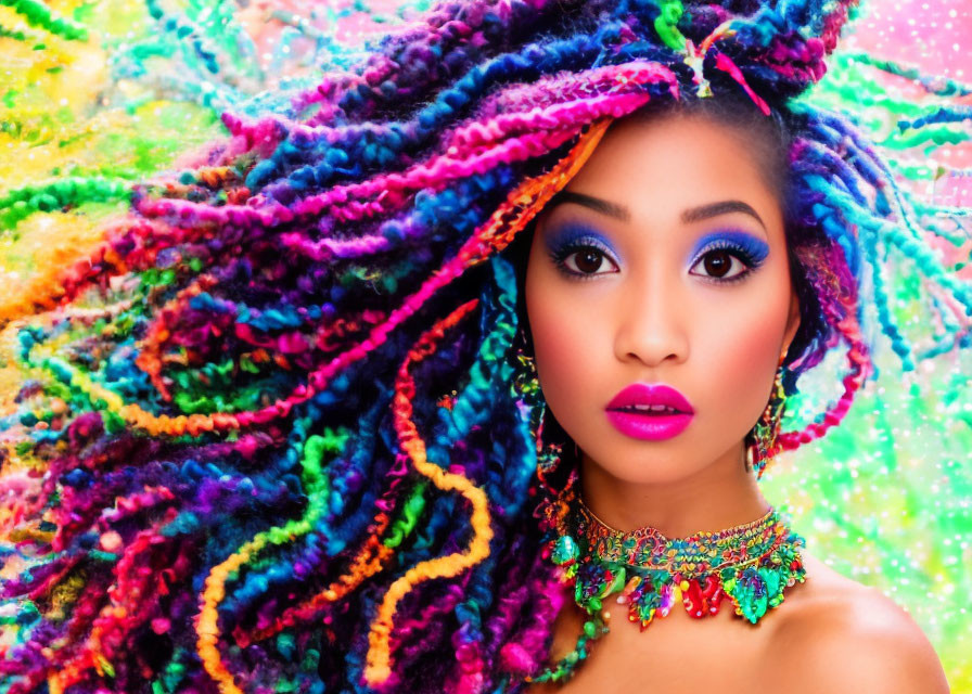 Colorful Braided Hair Woman with Blue Eyeshadow and Pink Lipstick Against Splattered Background