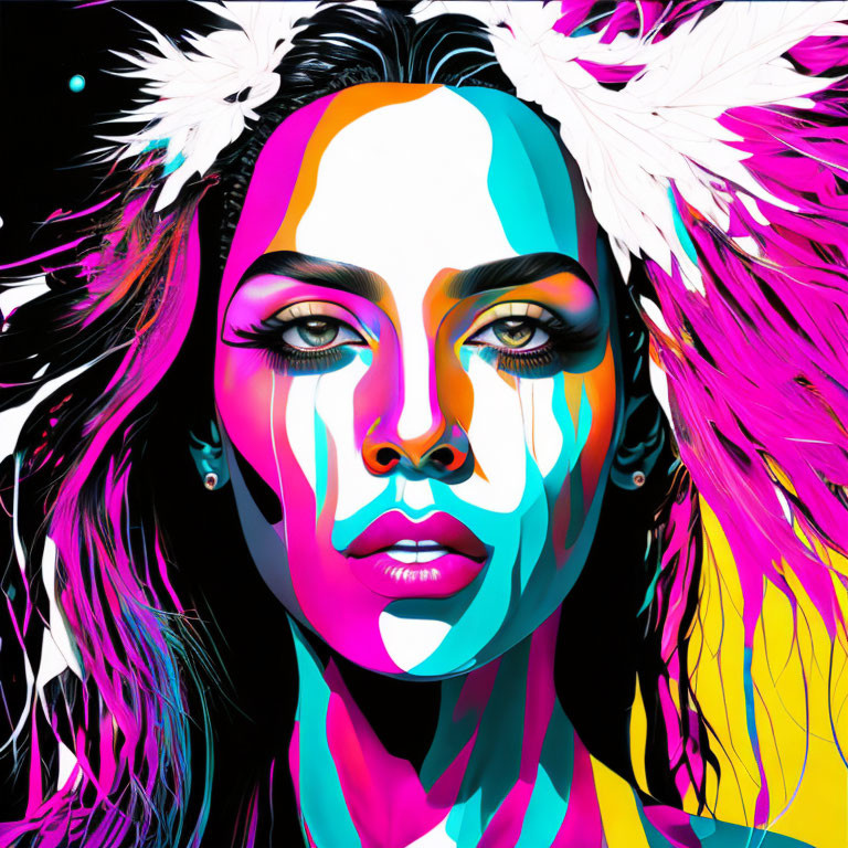 Multicolored skin tones woman with pink and white feathers on black background