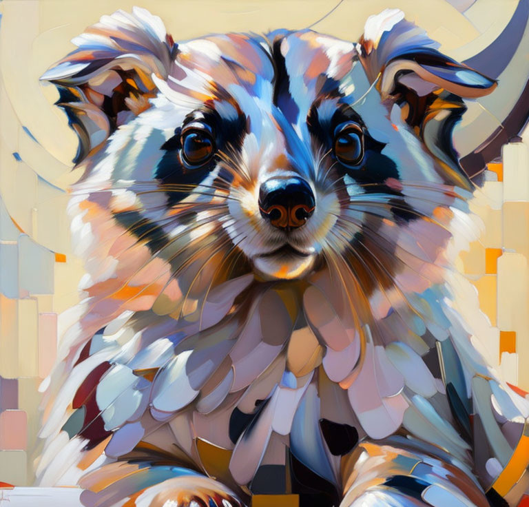 Colorful digital painting of a raccoon with mosaic-like fur pattern