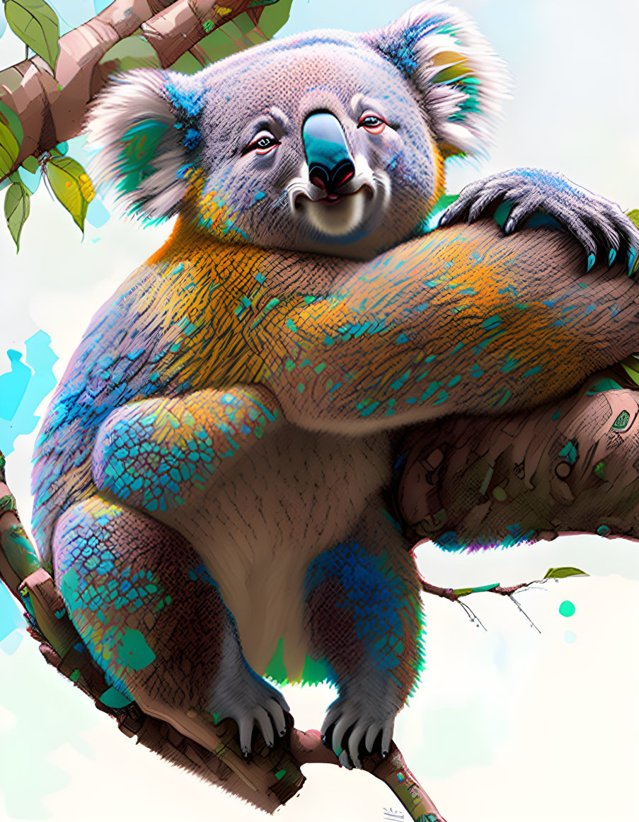 Vibrant Koala Illustration Clinging to Tree Branch