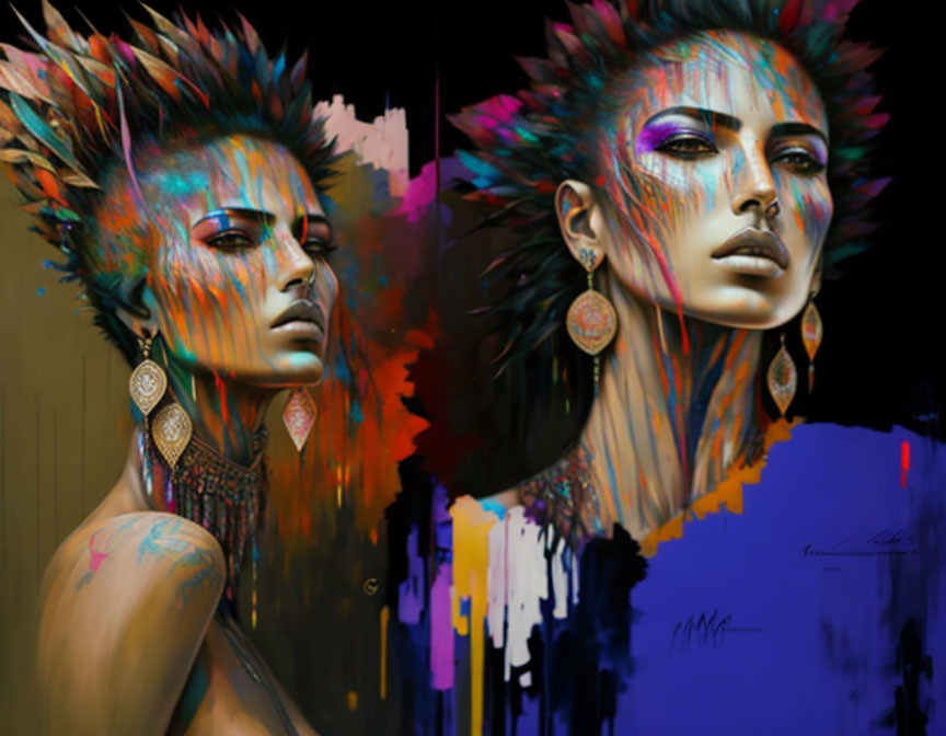 Colorful digital artwork of woman with spiked hair and vibrant makeup