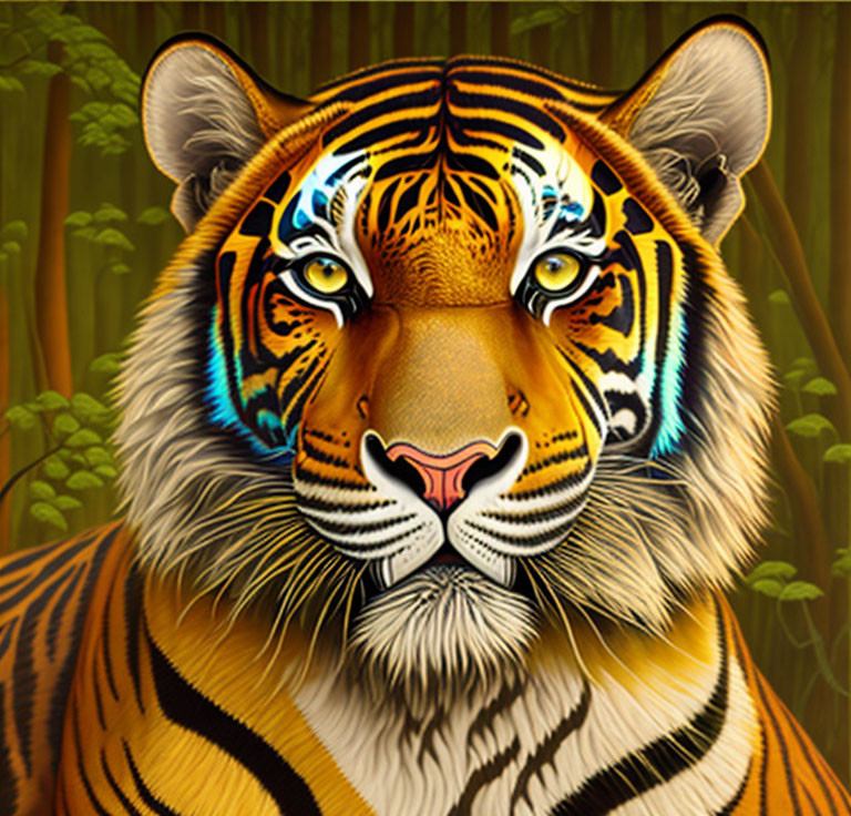 Detailed Tiger Face Illustration in Lush Green Jungle