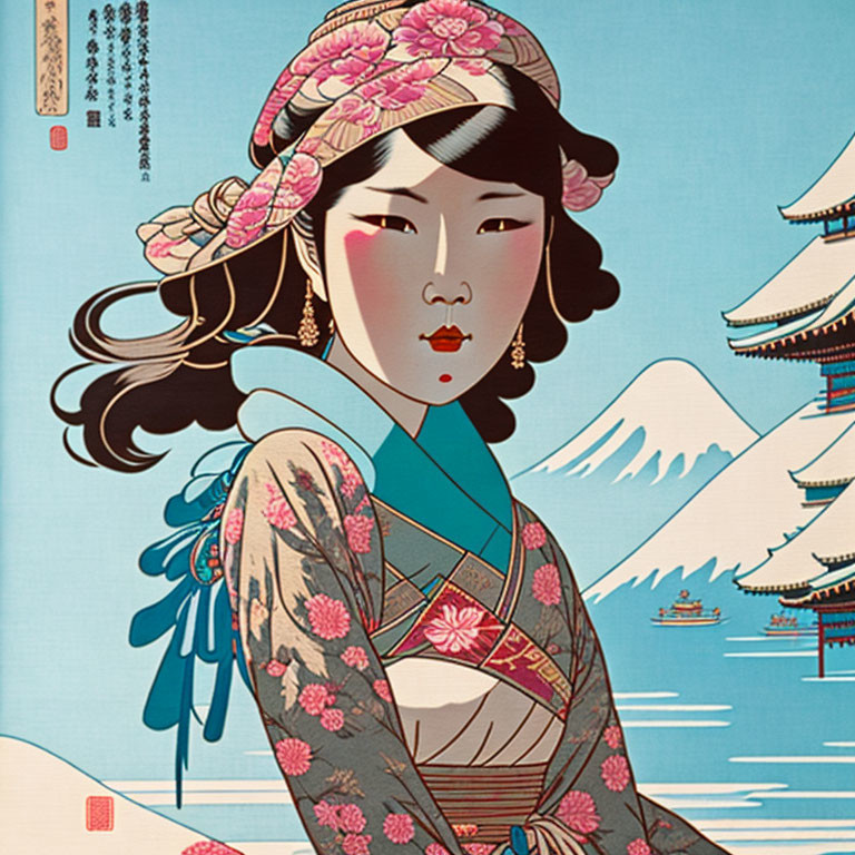 Vibrant Japanese woman in kimono with Mount Fuji and pagodas.