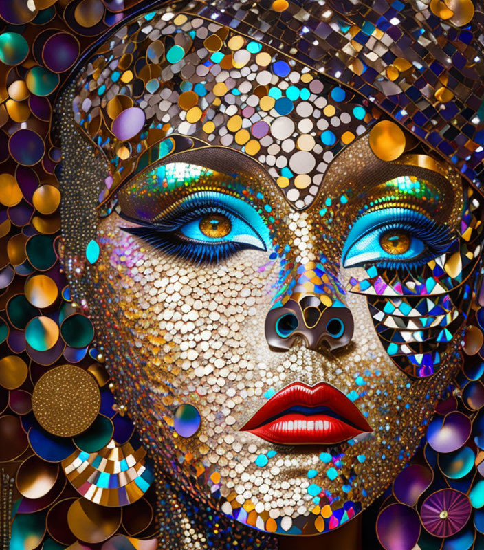 Colorful digital art of woman's face with mosaic details and vibrant makeup.