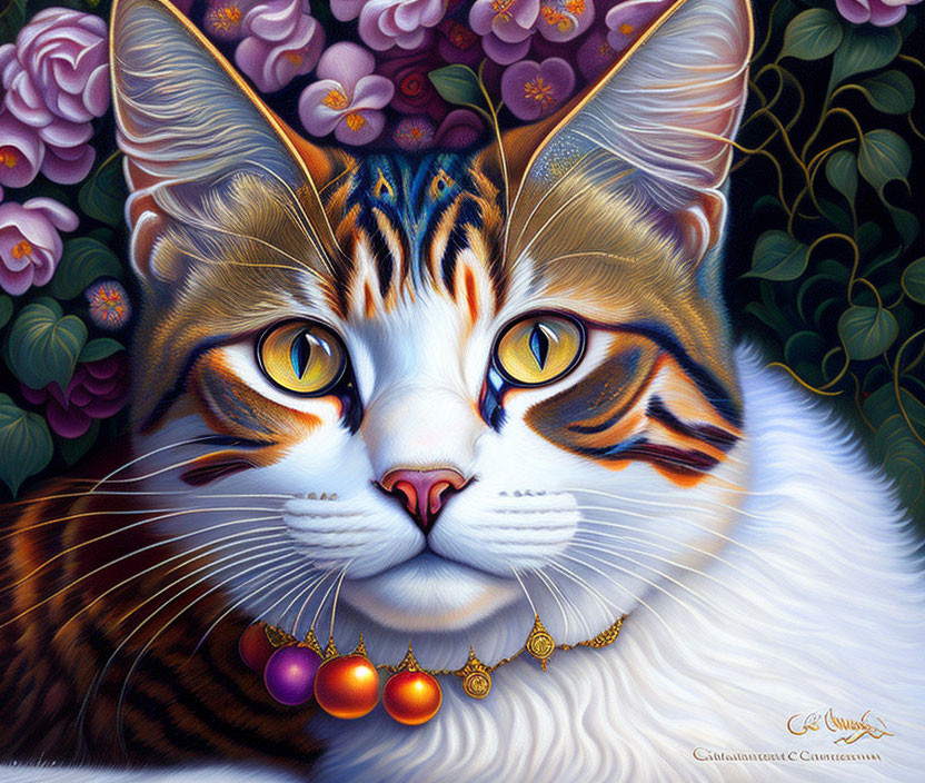 Hyperrealistic White and Tabby Cat Painting with Yellow Eyes and Bejeweled Necklace on Purple