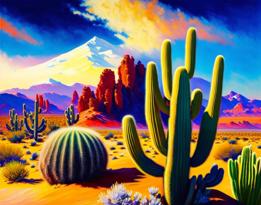 Colorful Desert Landscape with Cacti, Rocks, and Snowy Mountain