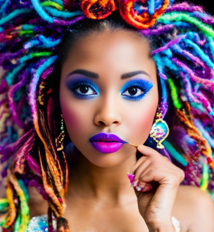 Vibrant rainbow hair, blue eyeshadow, purple lipstick woman holding petal