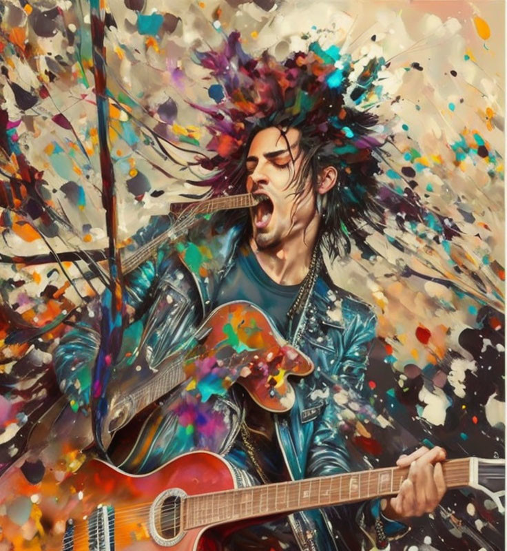 Vibrant animated rock guitarist in colorful paint splatter backdrop