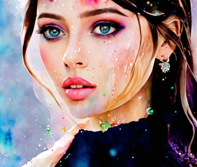 Colorful Watercolor Portrait of Woman with Blue Eyes and Paint Splatters