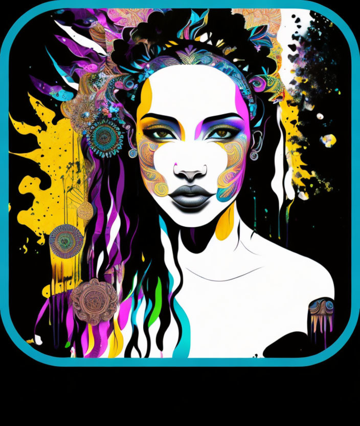 Colorful Abstract Digital Portrait of Woman with Dreamcatchers on Black Background