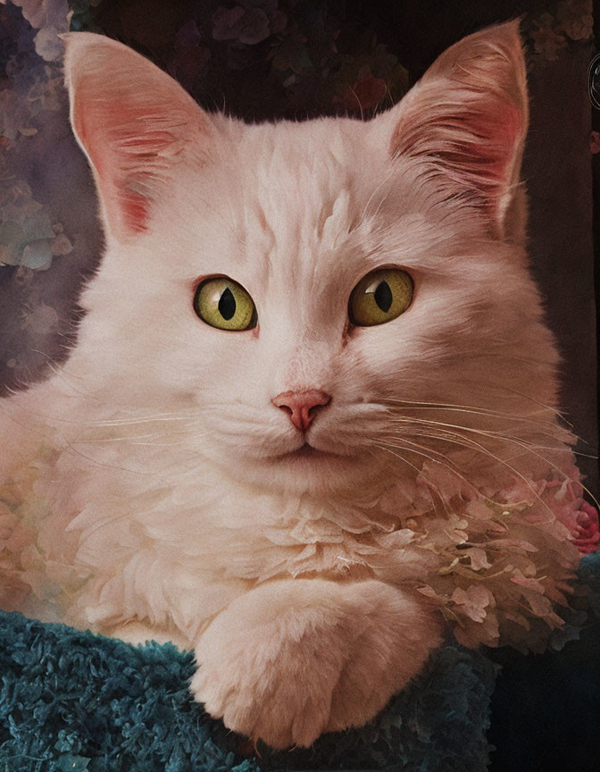 Fluffy White Cat with Green Eyes on Blue Surface with Colorful Flowers