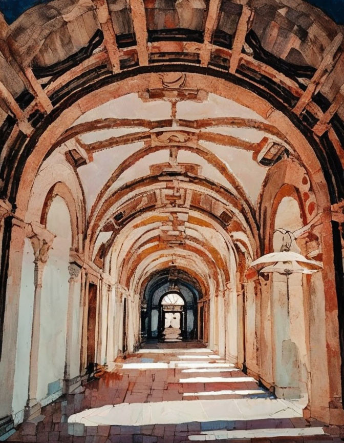 Vaulted corridor watercolor painting with arched ceilings and light casting shadows.