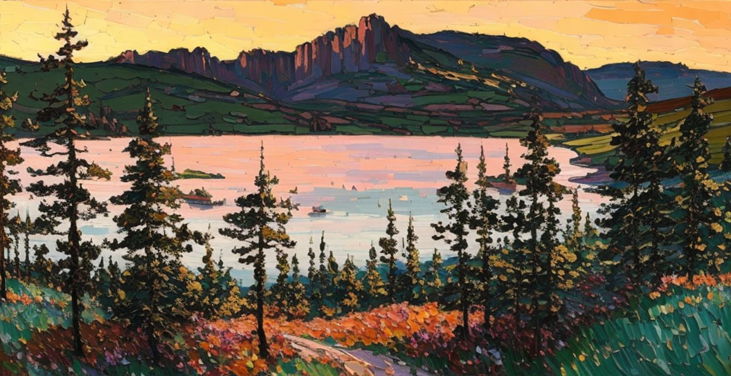 Colorful Impressionistic Landscape Painting of Lake and Mountain