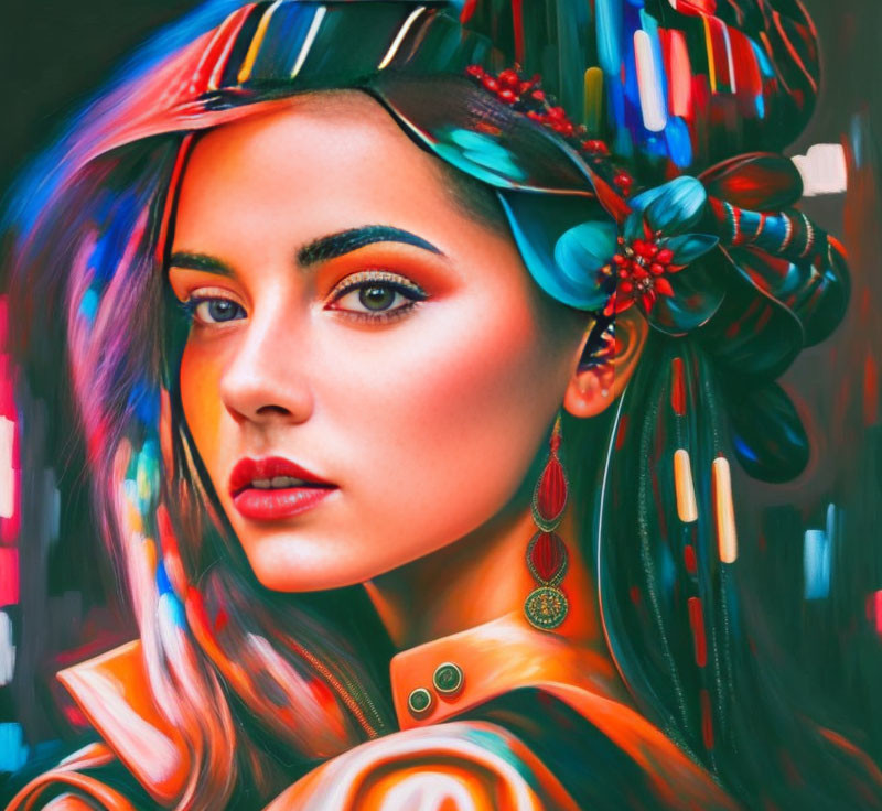 Colorful digital portrait of a woman with hazel eyes in patterned attire.