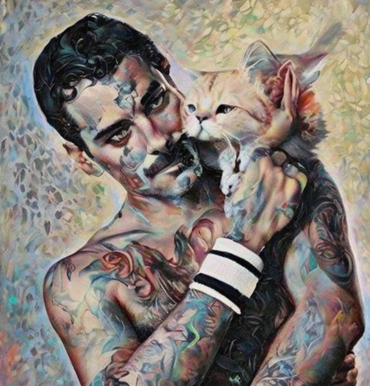 Stylized image: Tattooed man with orange kitten in abstract setting