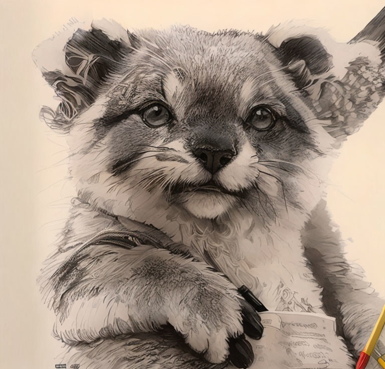 Young raccoon drawing with pen in thoughtful expression