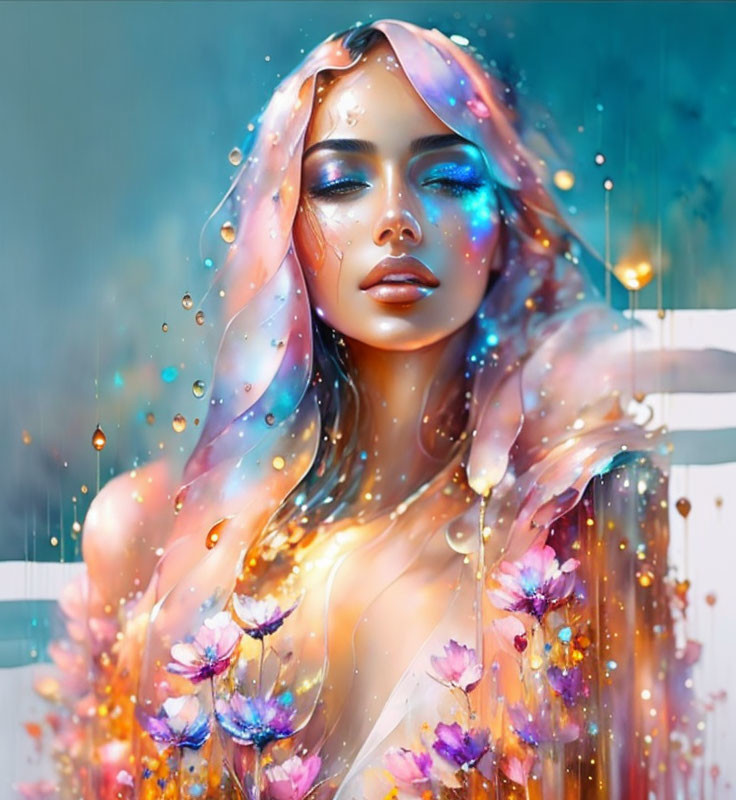 Colorful digital painting of a woman with translucent shroud and flowers