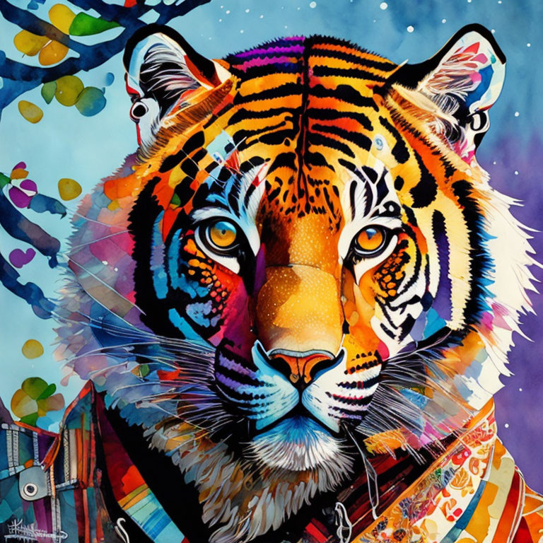 Colorful Tiger Face Painting with Realistic & Abstract Elements